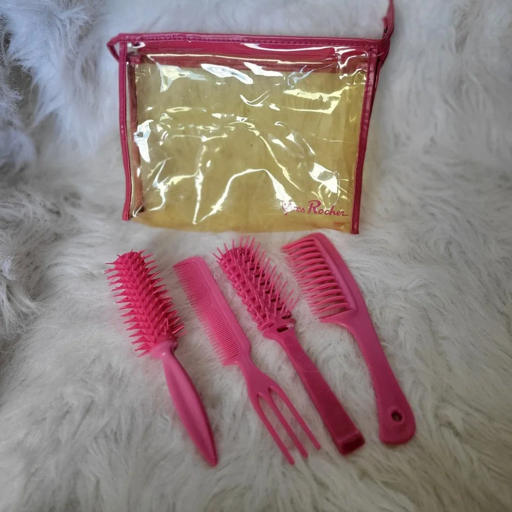 Yves Rochee Vintage 1970s Hair‎ Styling Pick Comb Wet Brush Rake Bath Set Bag